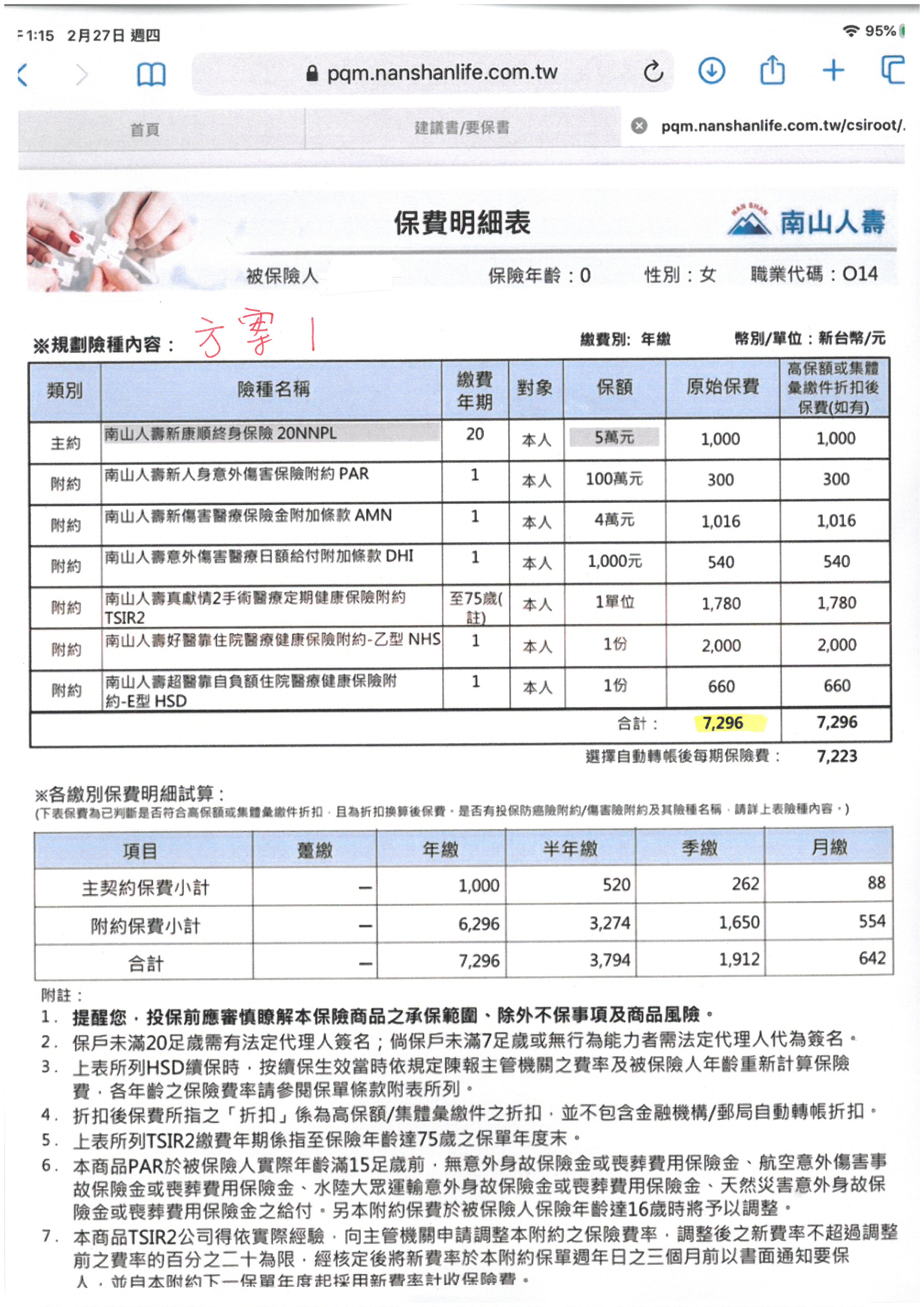 0歲女南山人壽新生兒保單規劃以及調整 My83 保險討論區